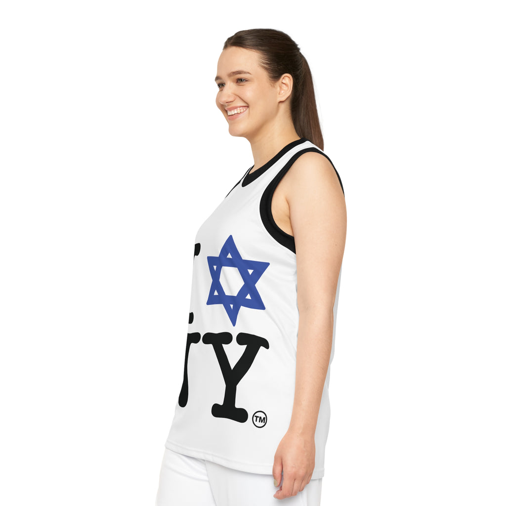 I Love New York Unisex Basketball Jersey in White (AOP)