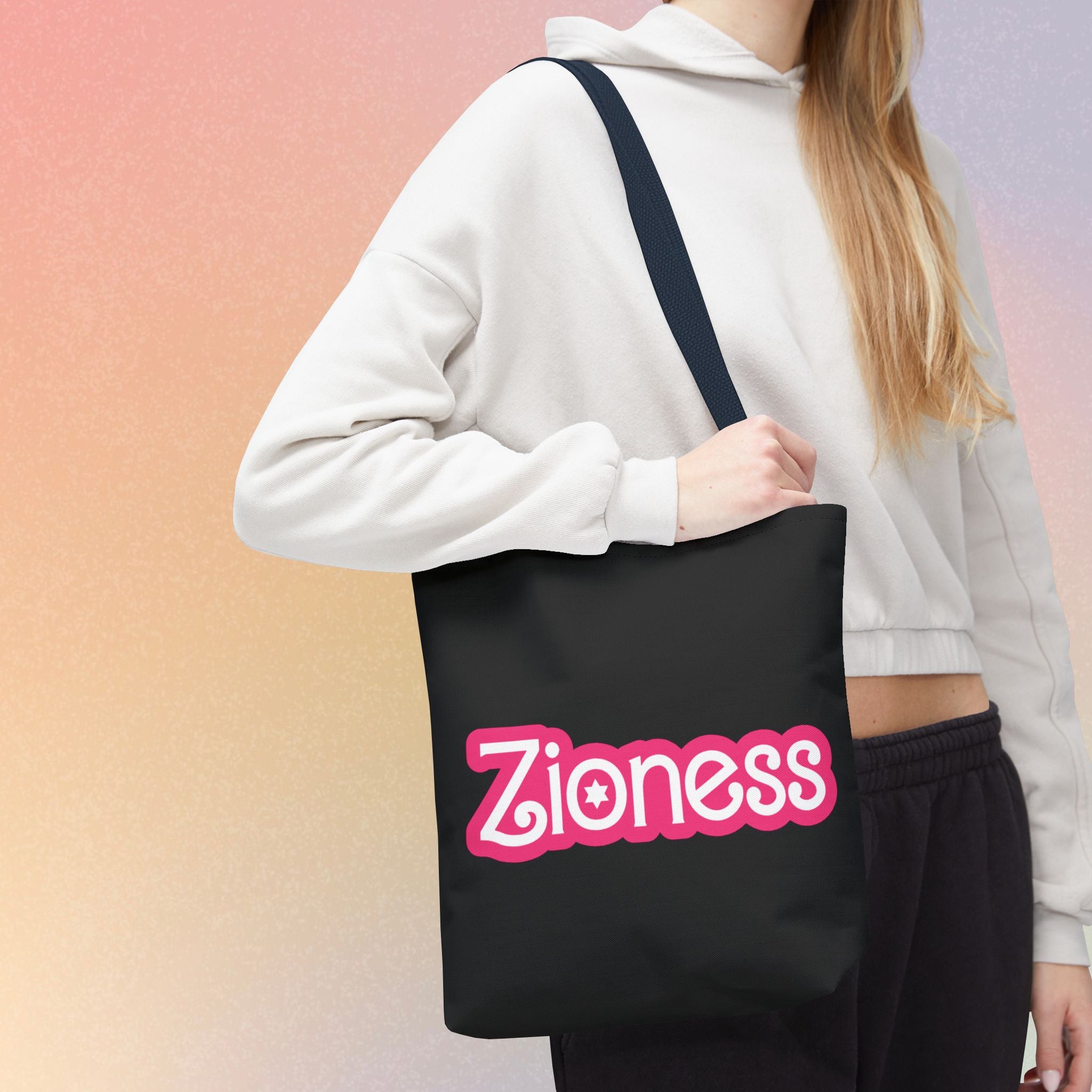 Zioness Jewish Pride Tote Bag | Pink Barbie Font Logo