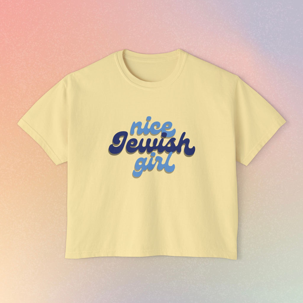 Nice Jewish Girl Tee | White Boxy T-Shirt, Retro Script Design