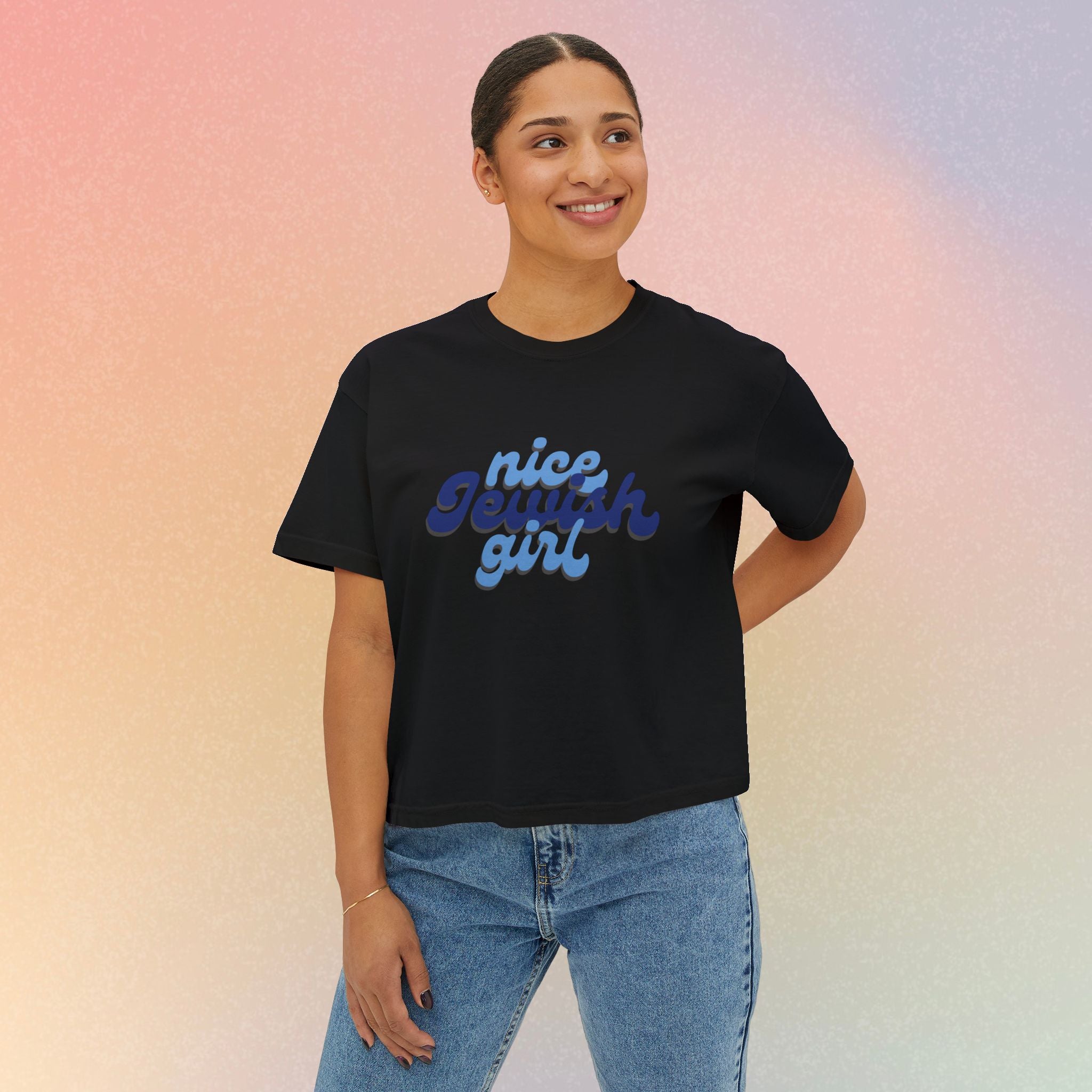 Nice Jewish Girl Tee | White Boxy T-Shirt, Retro Script Design