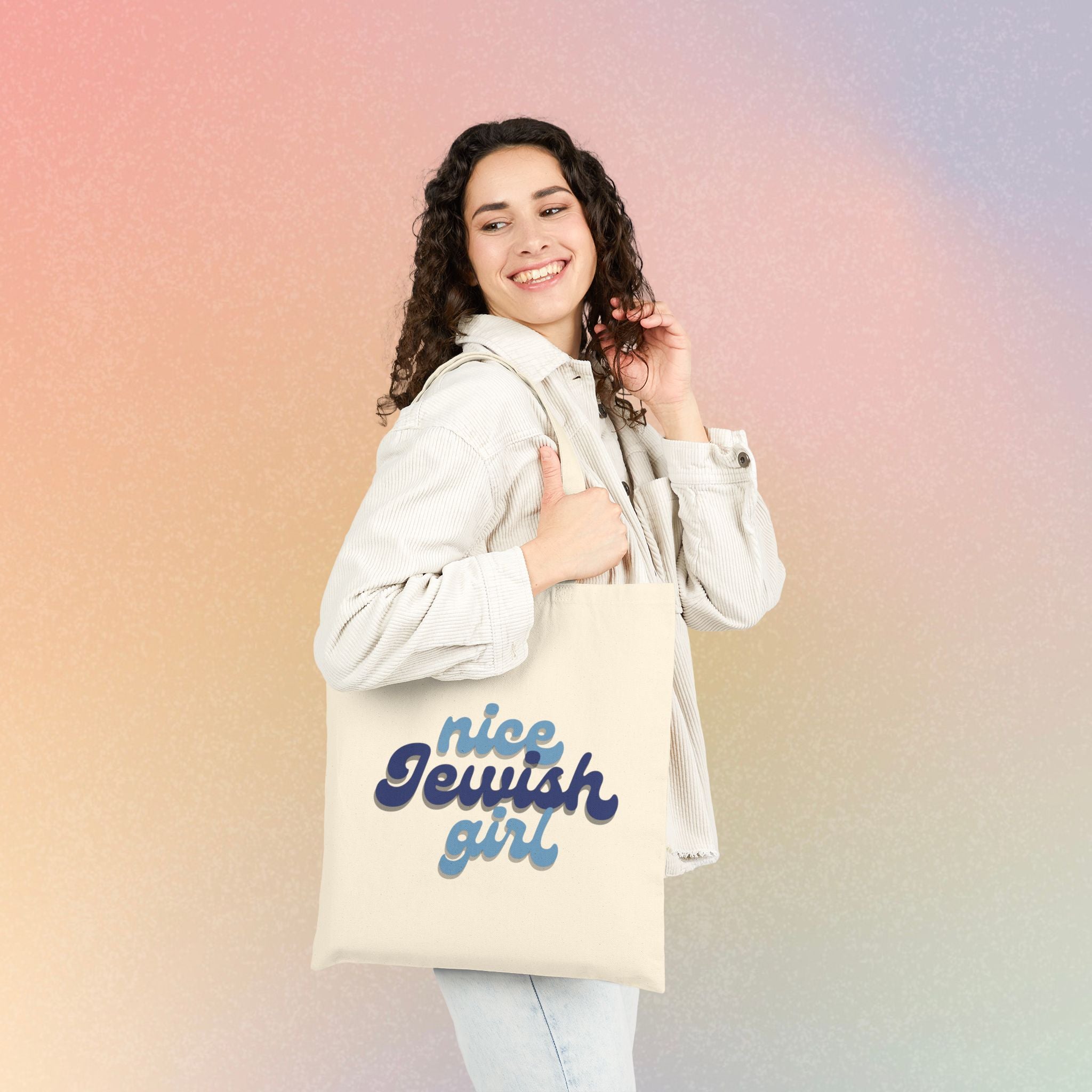 Nice Jewish Girl Canvas Tote Bag — Retro Script Jewish Pride Shopper