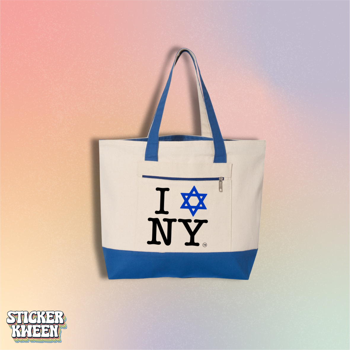 I Love NY Jewish Star Zippered Canvas Tote | Jewish NYC Pride Tote