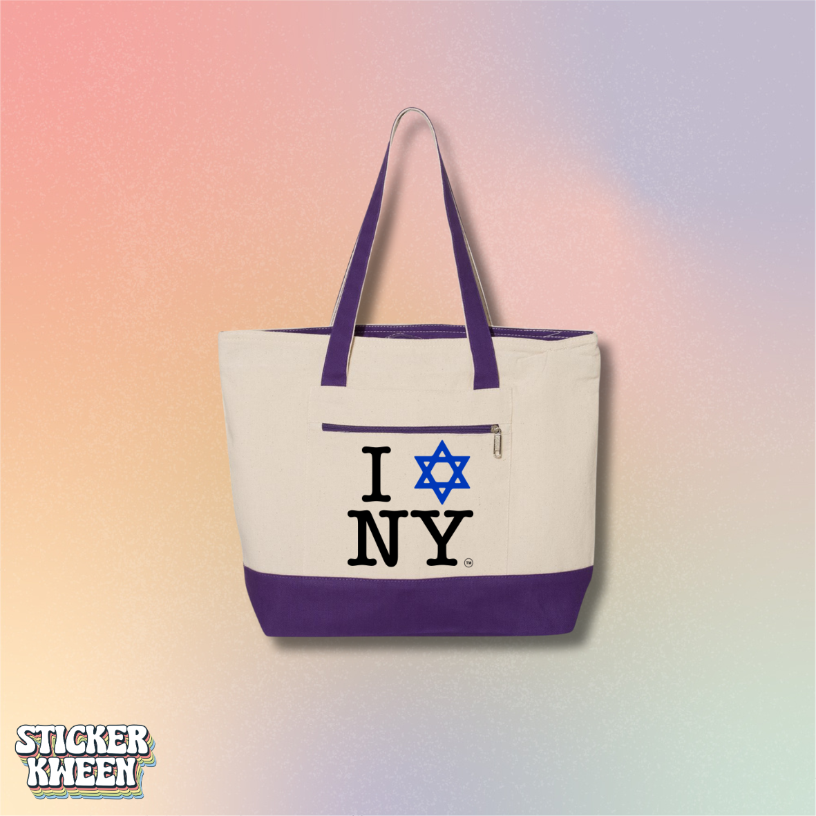 I Love NY Jewish Star Zippered Canvas Tote | Jewish NYC Pride Tote