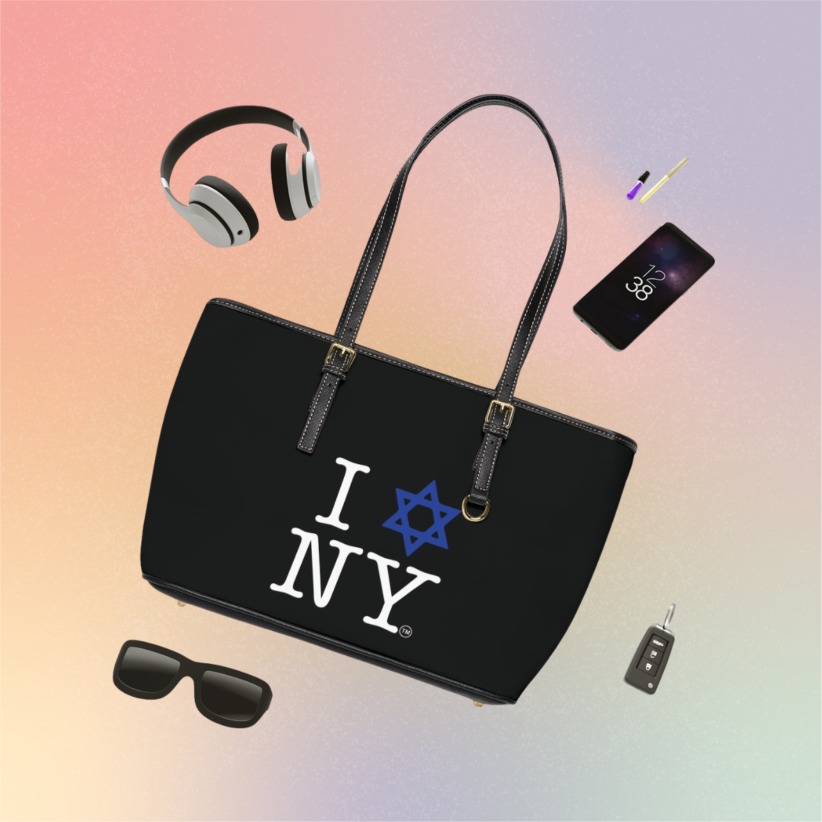 I Love NY Jewish Star PU Leather Tote Bag — Jewish New York Shoulder Bag