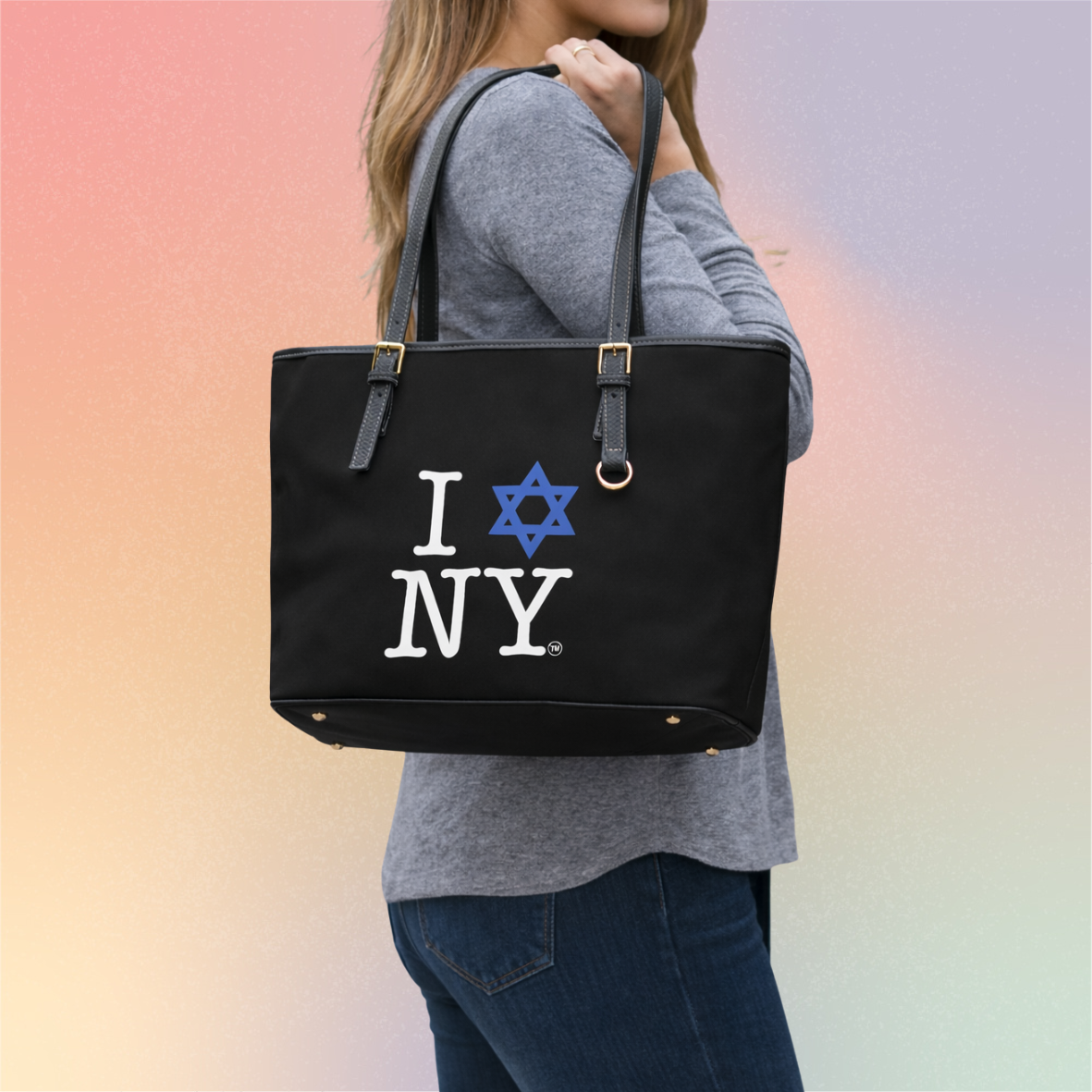 I Love NY Jewish Star PU Leather Tote Bag — Jewish New York Shoulder Bag