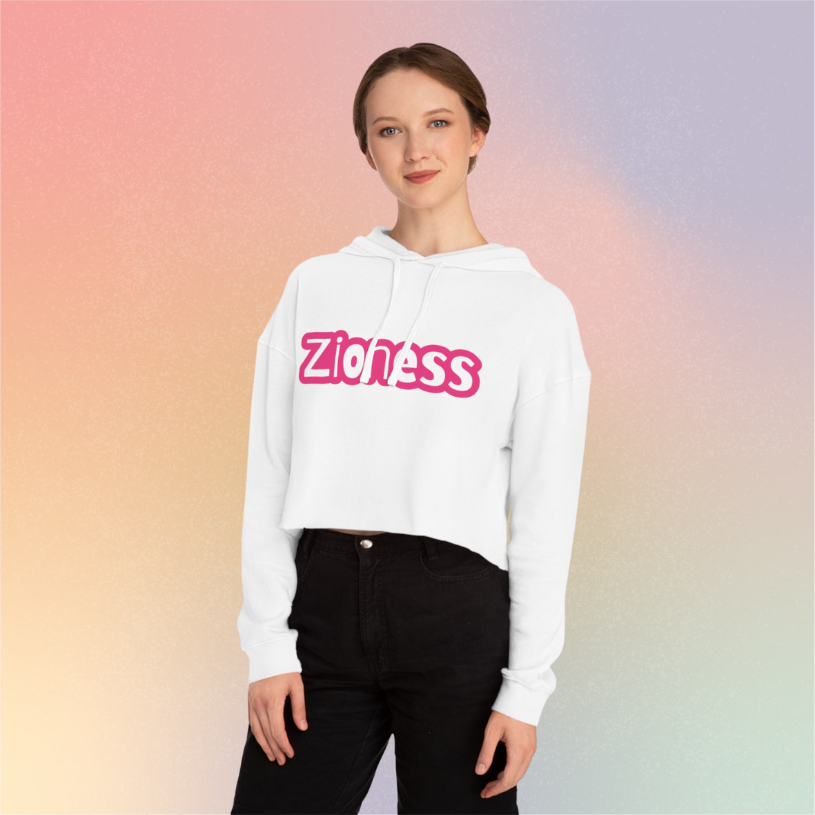 Zioness Cropped Hoodie | Feminine Jewish Pride Pink Text Zioness Sweatshirt