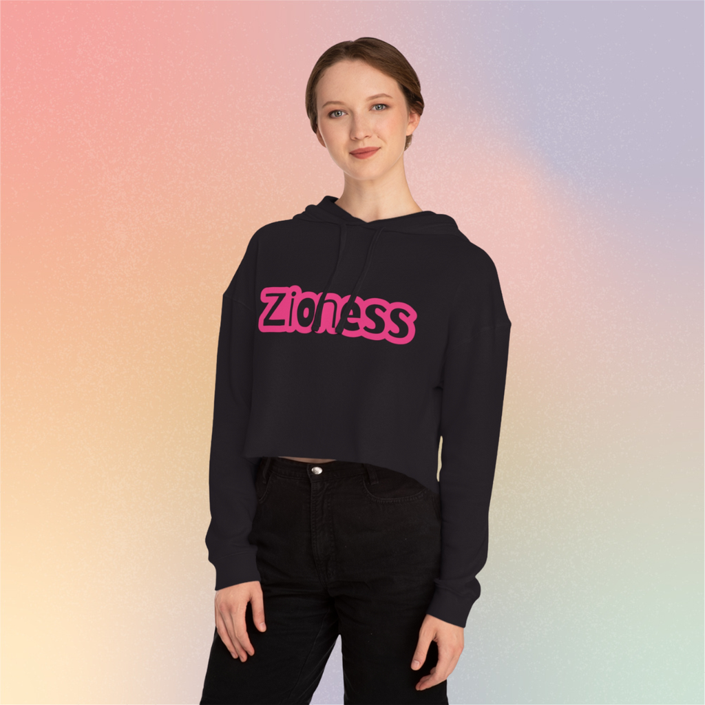 Zioness Cropped Hoodie | Feminine Jewish Pride Pink Text Zioness Sweatshirt