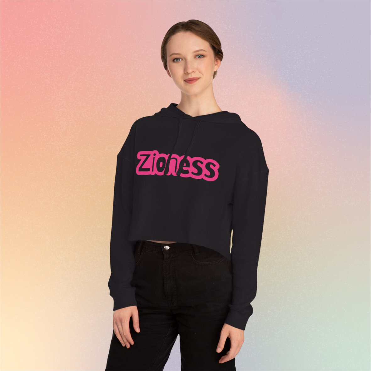 Zioness Cropped Hoodie | Feminine Jewish Pride Pink Text Zioness Sweatshirt