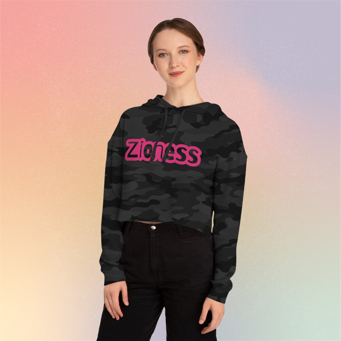 Zioness Cropped Hoodie | Feminine Jewish Pride Pink Text Zioness Sweatshirt