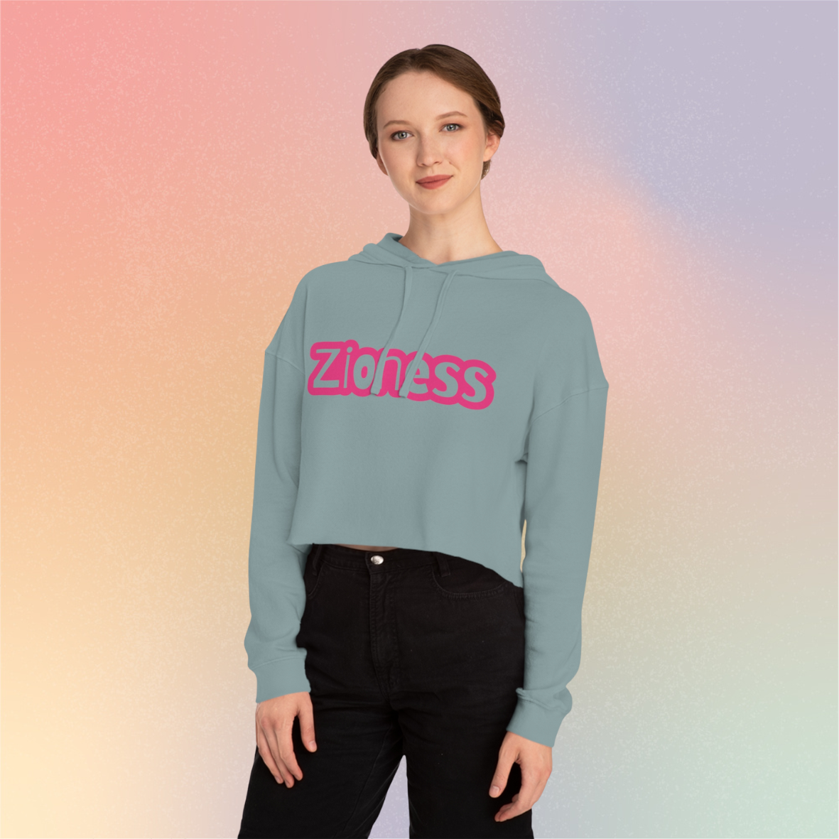 Zioness Cropped Hoodie | Feminine Jewish Pride Pink Text Zioness Sweatshirt