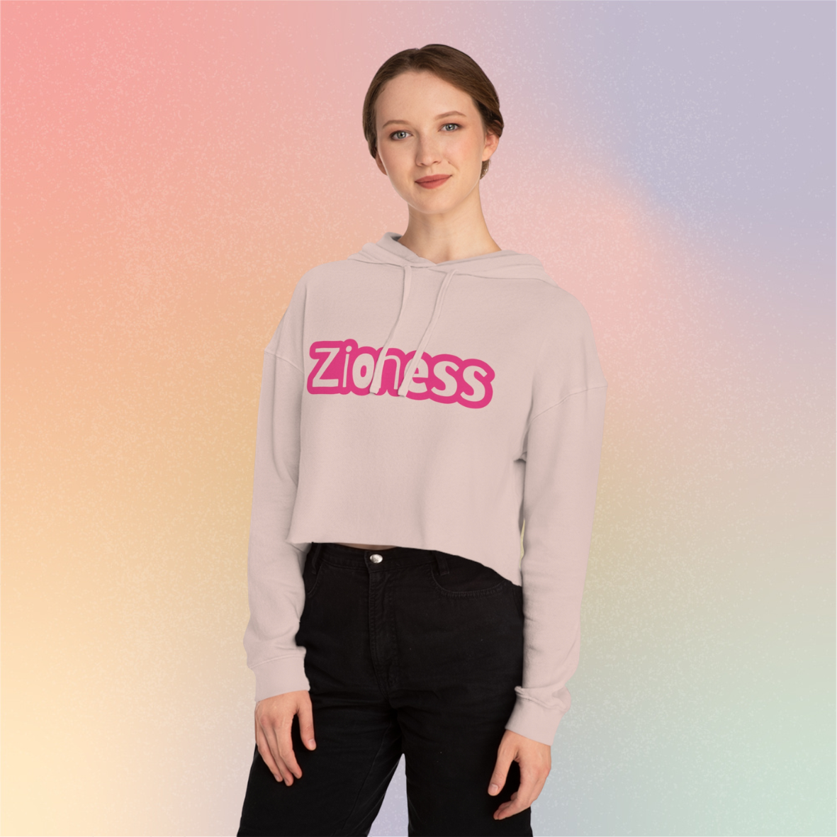 Zioness Cropped Hoodie | Feminine Jewish Pride Pink Text Zioness Sweatshirt