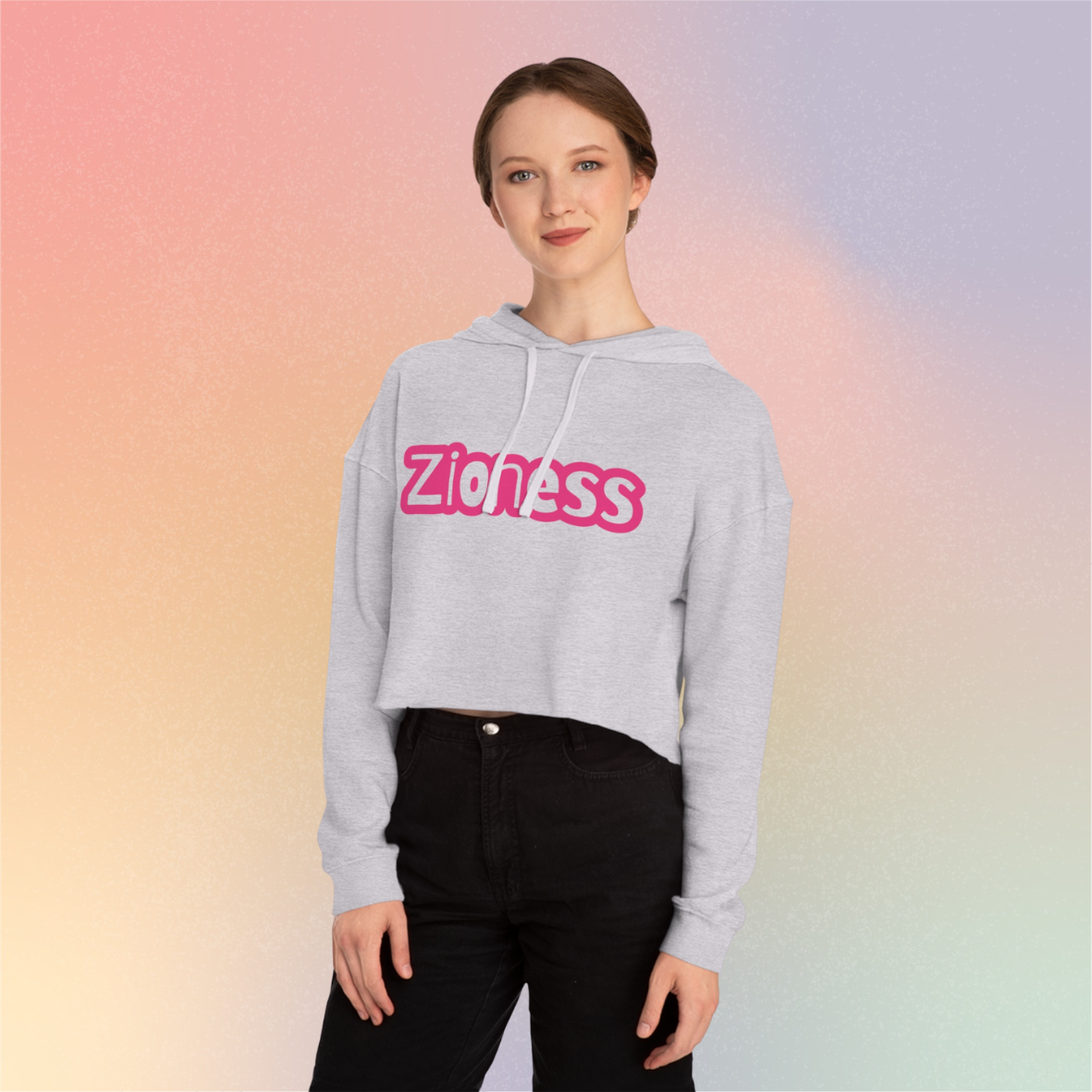 Zioness Cropped Hoodie | Feminine Jewish Pride Pink Text Zioness Sweatshirt