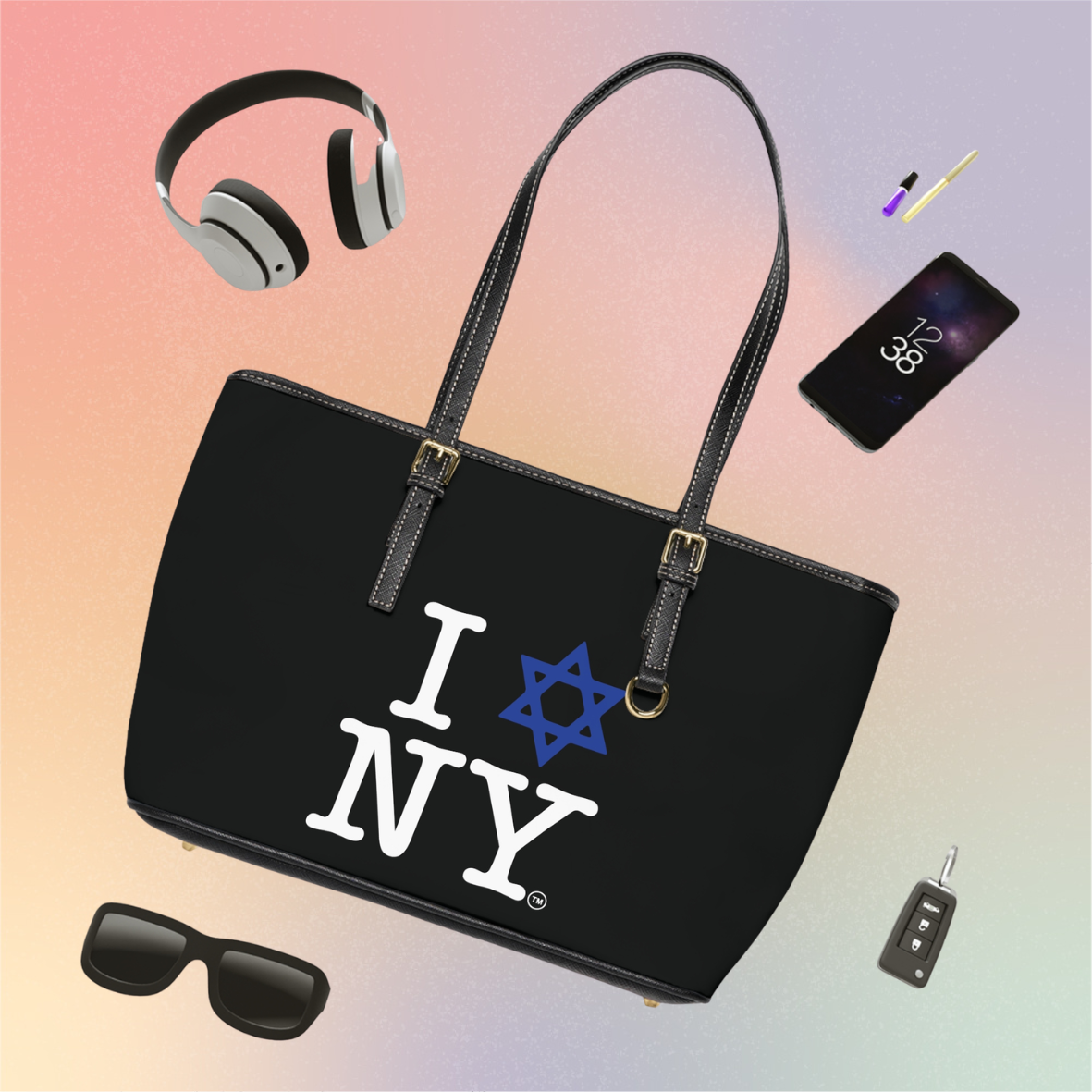I Love NY Jewish Star PU Leather Tote Bag — Jewish New York Shoulder Bag