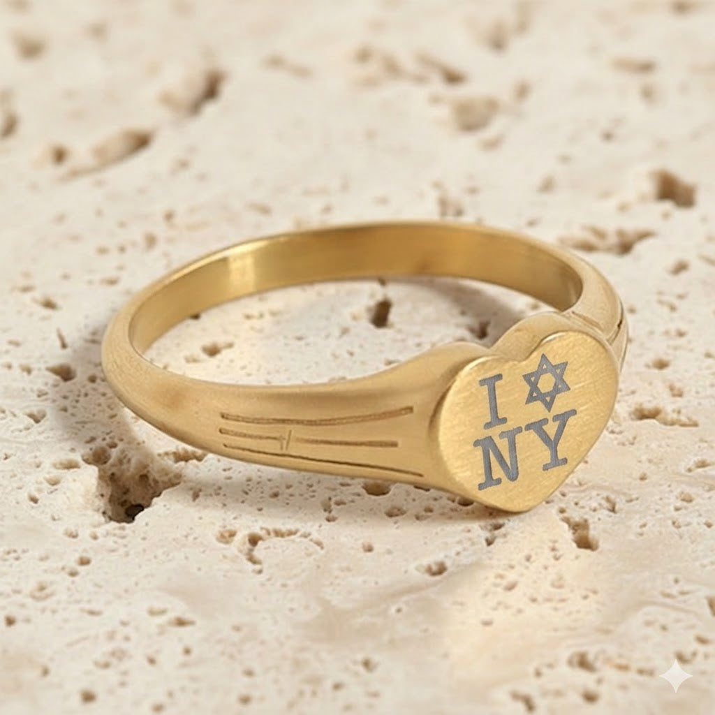 Stainless Steel I Love NY Jewish Star Heart Signet Ring (Engraving)