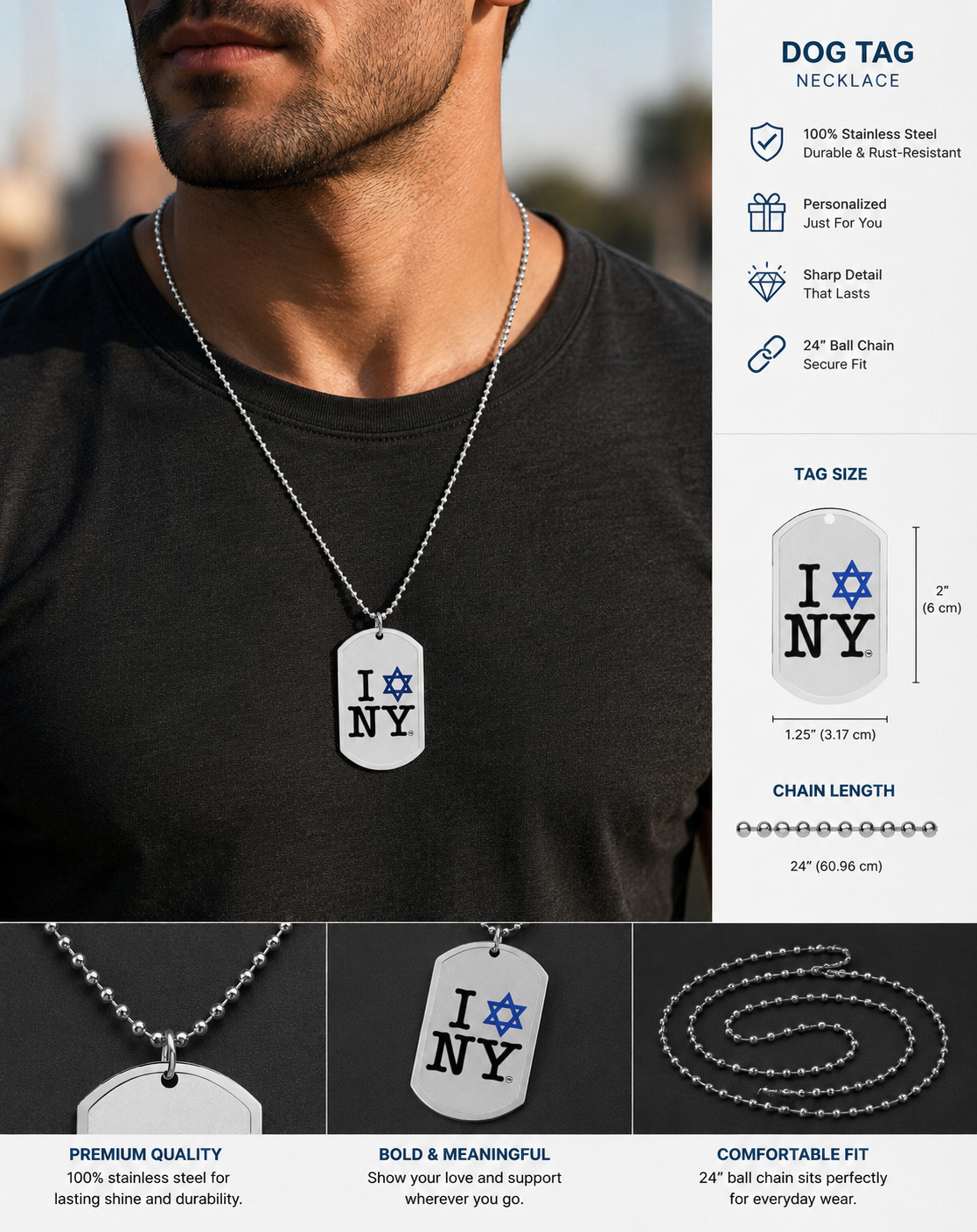 I Love NY Jewish Star Dog Tag with Chain - Jewish New York Pride
