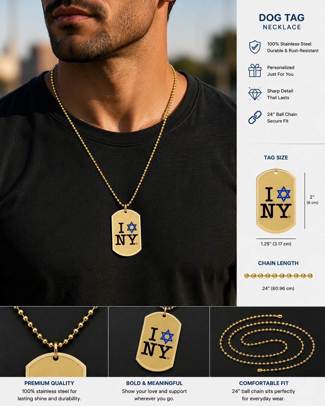 I Love NY Jewish Star Dog Tag with Chain - Jewish New York Pride