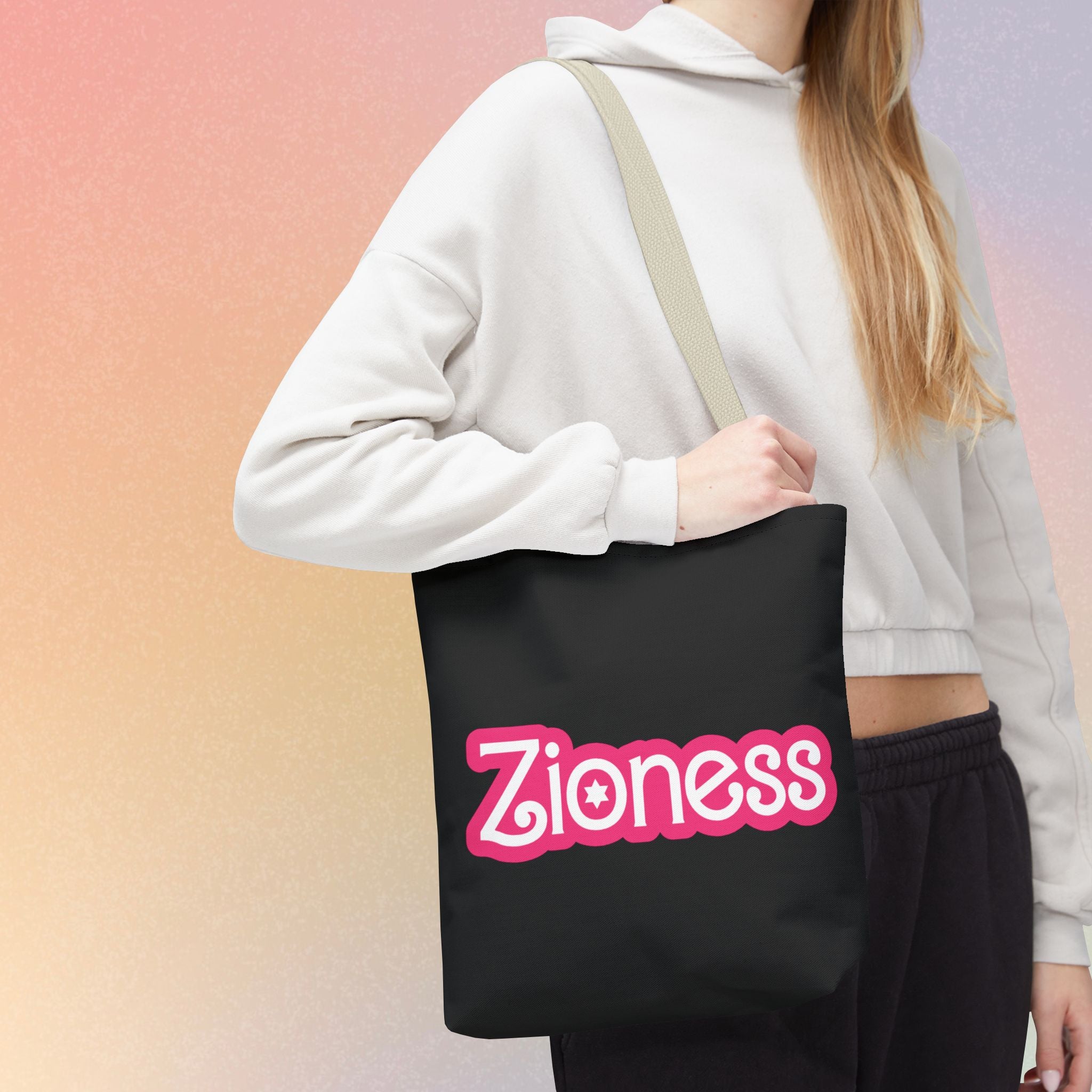 Zioness Jewish Pride Tote Bag | Pink Barbie Font Logo