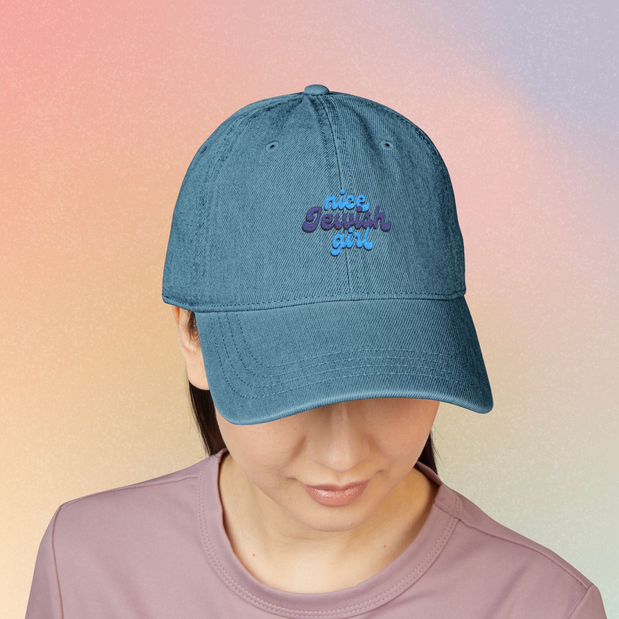 Embroidered 'Nice Jewish Girl' Denim Hat — Casual Baseball Cap for Jewish Pride & Everyday Wear