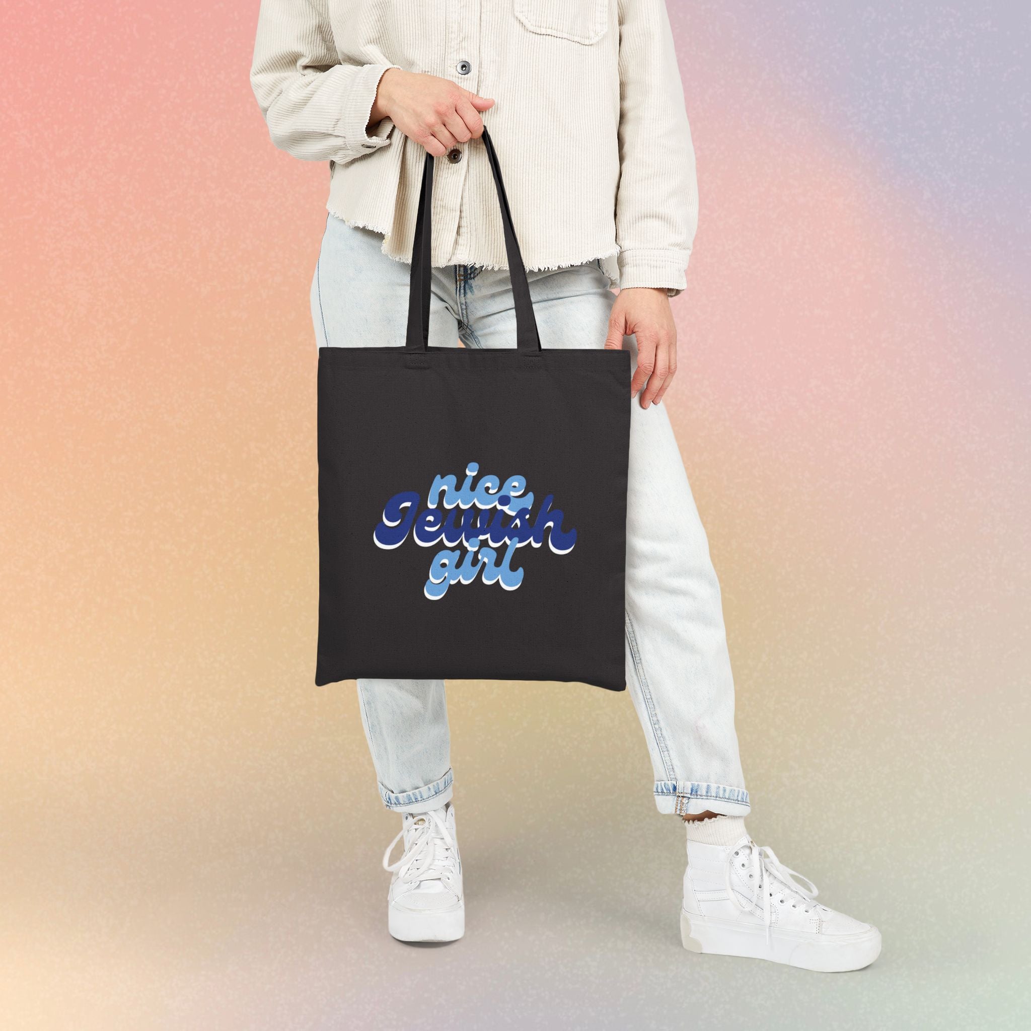 Nice Jewish Girl Canvas Tote Bag — Retro Script Jewish Pride Shopper