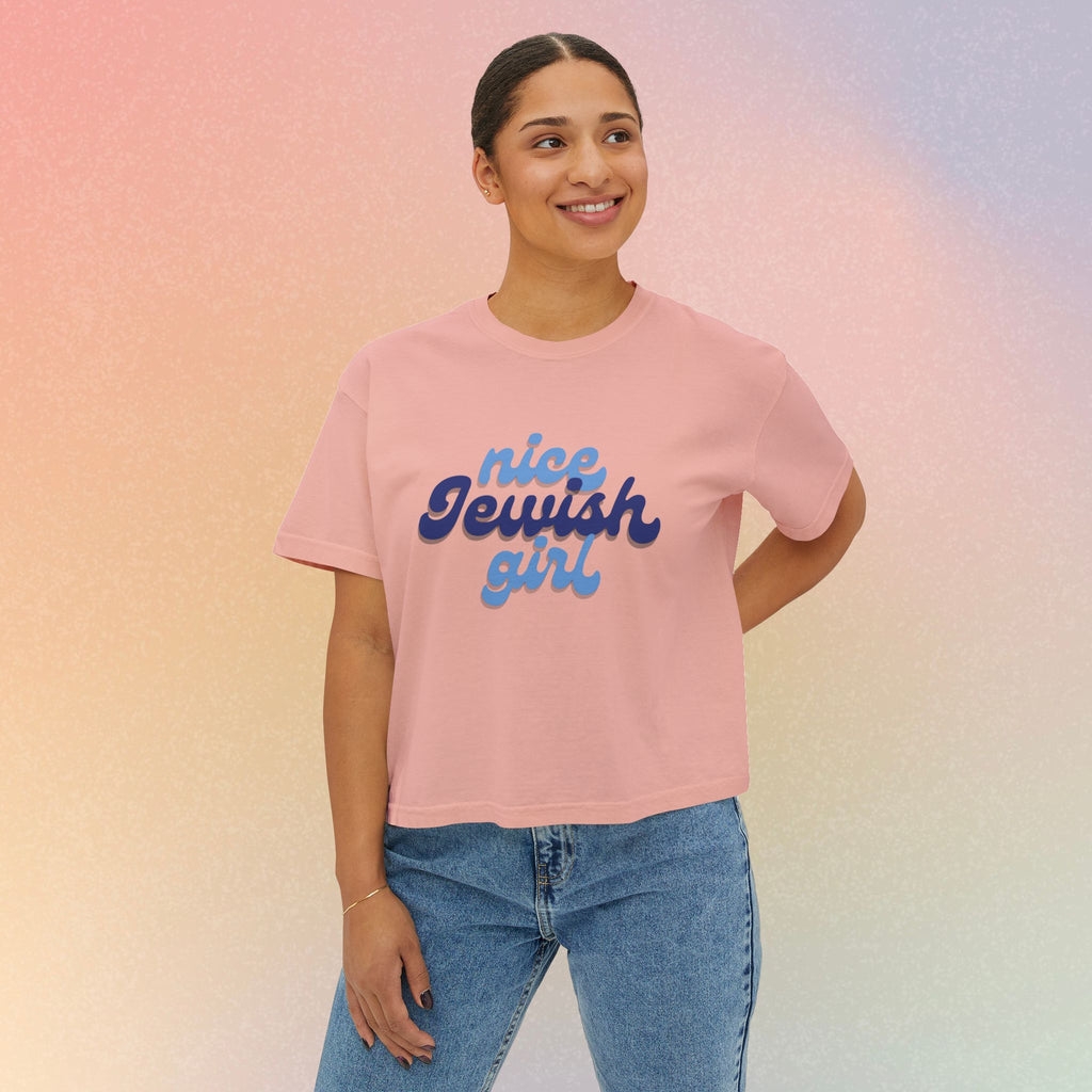 Nice Jewish Girl Tee | White Boxy T-Shirt, Retro Script Design
