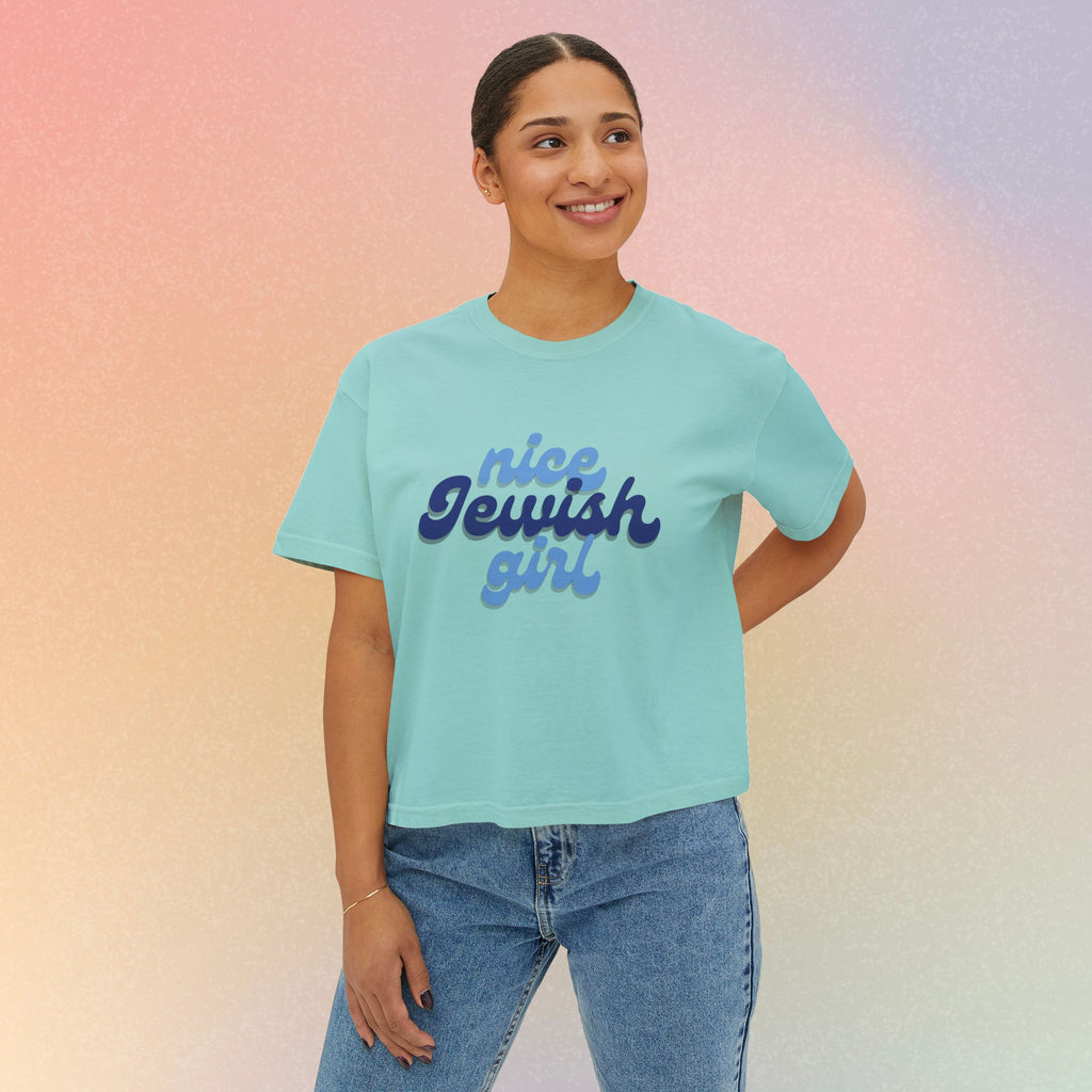Nice Jewish Girl Tee | White Boxy T-Shirt, Retro Script Design