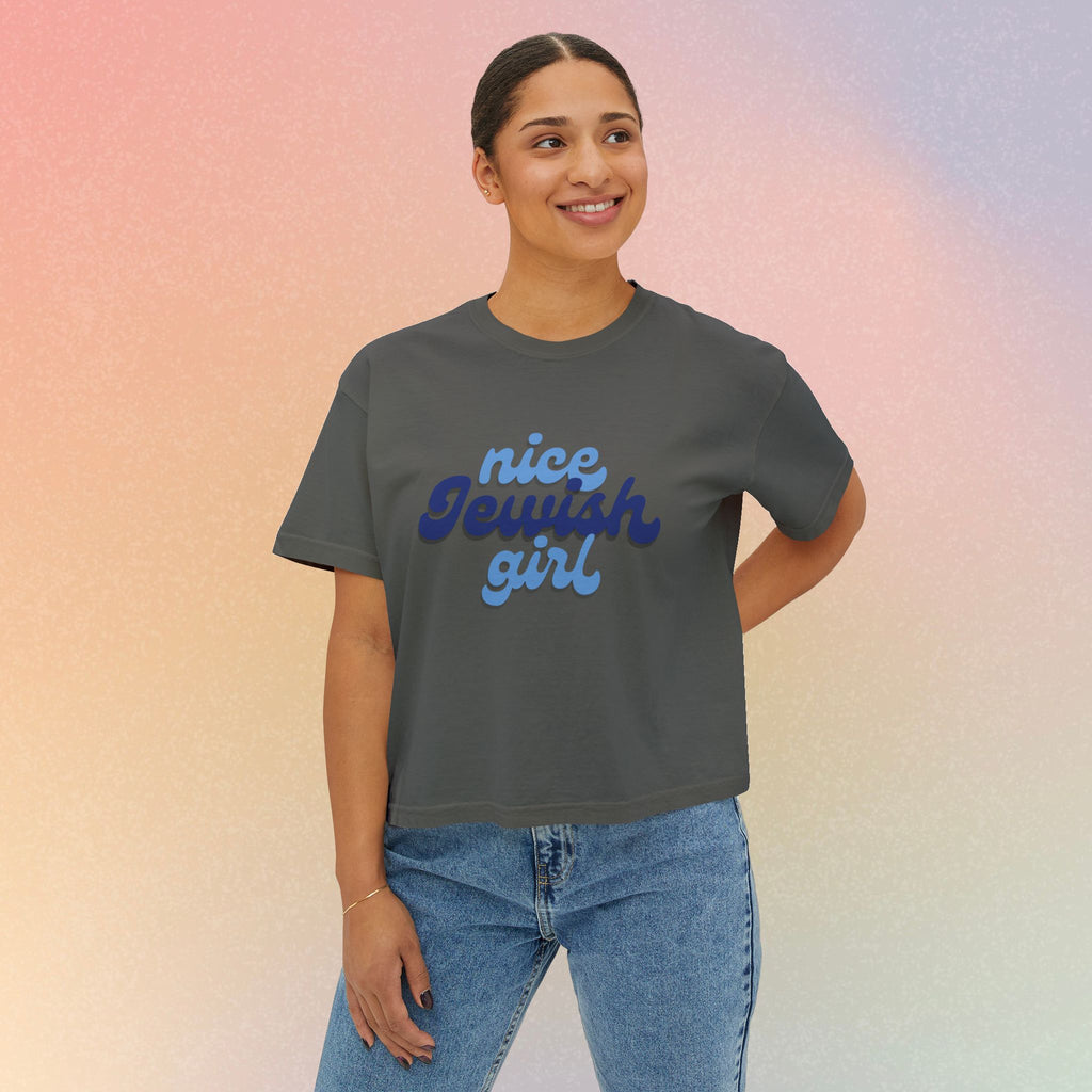Nice Jewish Girl Tee | White Boxy T-Shirt, Retro Script Design
