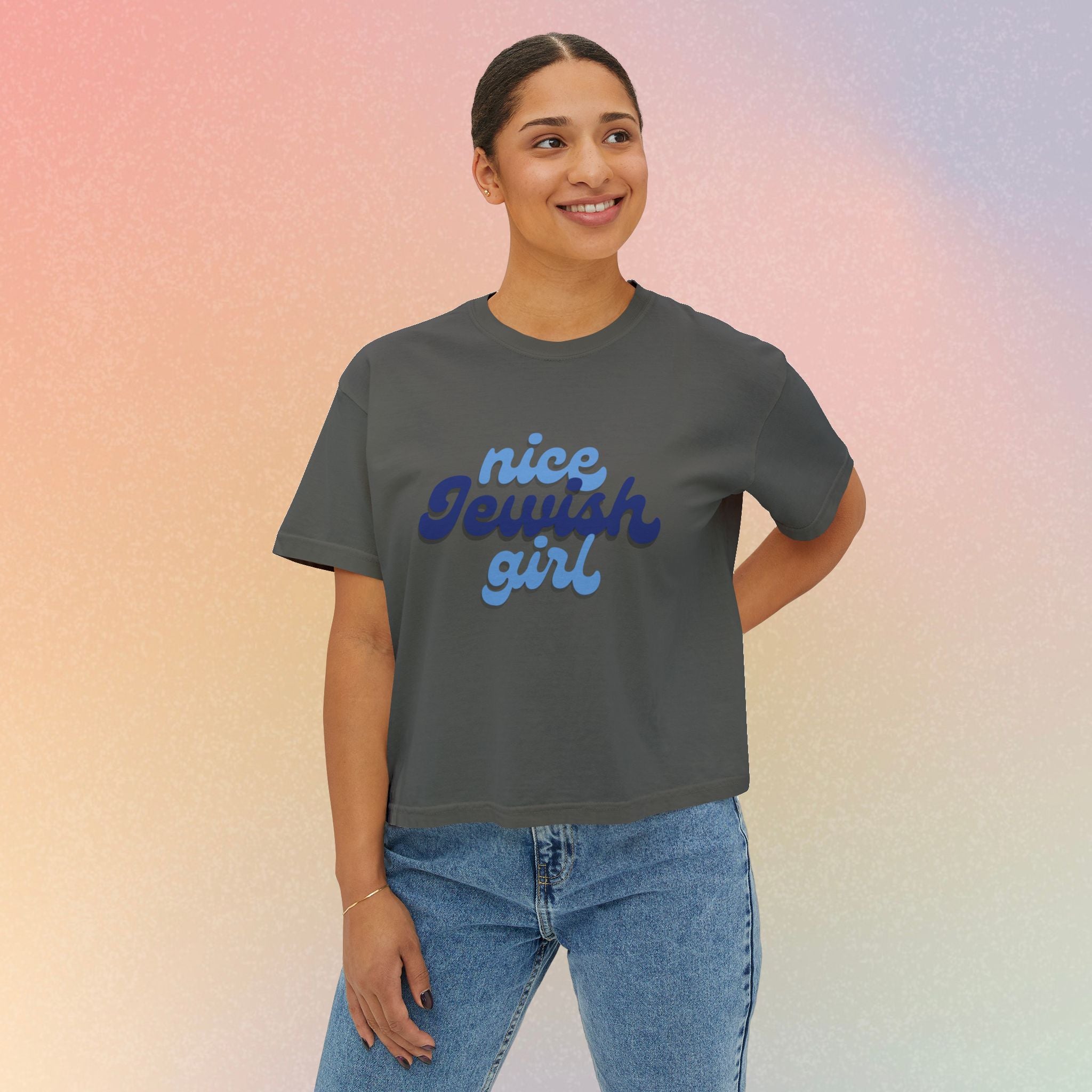 Nice Jewish Girl Tee | White Boxy T-Shirt, Retro Script Design