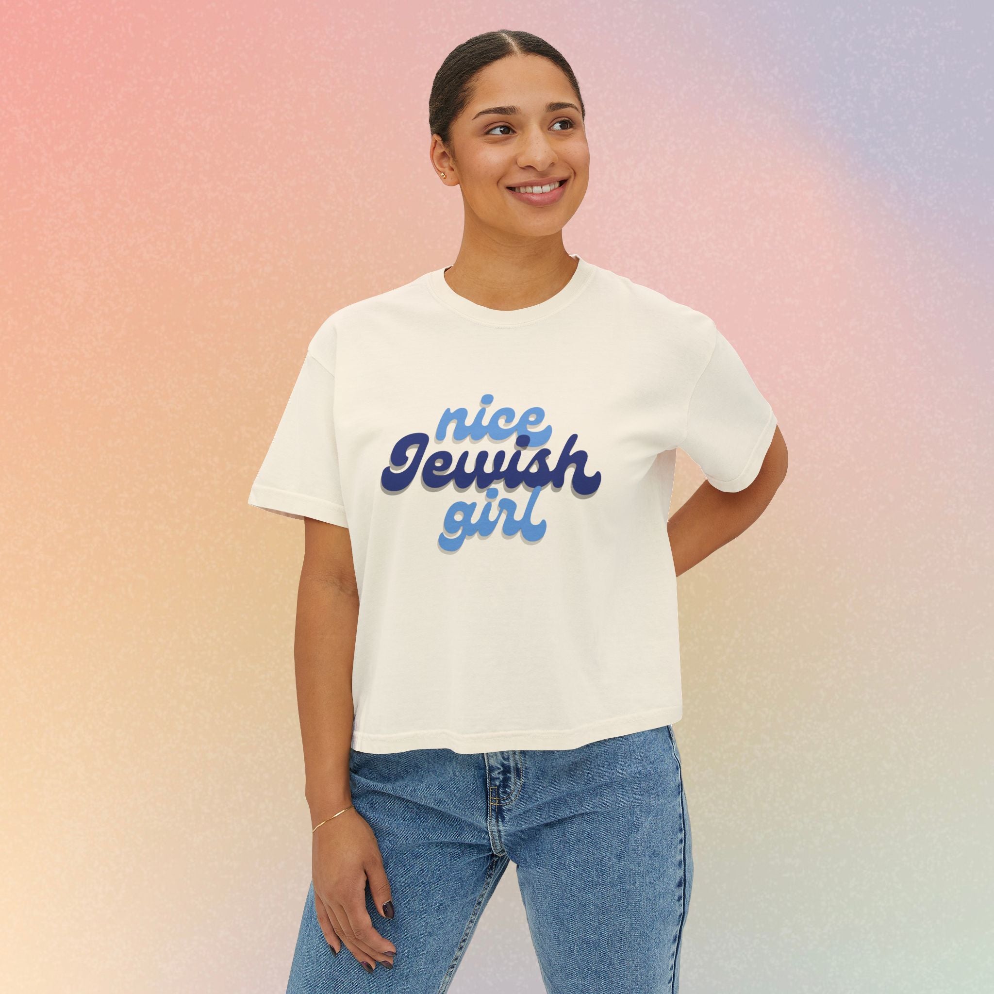 Nice Jewish Girl Tee | White Boxy T-Shirt, Retro Script Design
