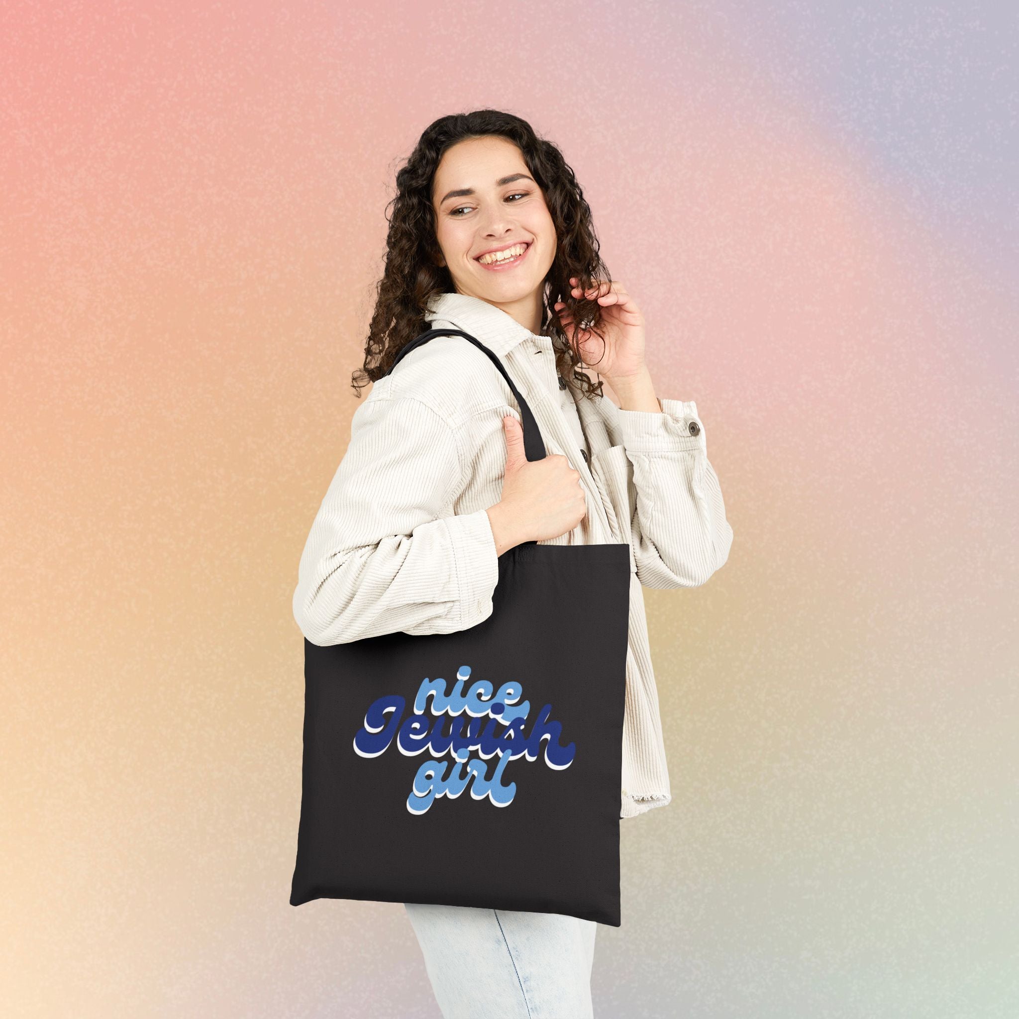 Nice Jewish Girl Canvas Tote Bag — Retro Script Jewish Pride Shopper