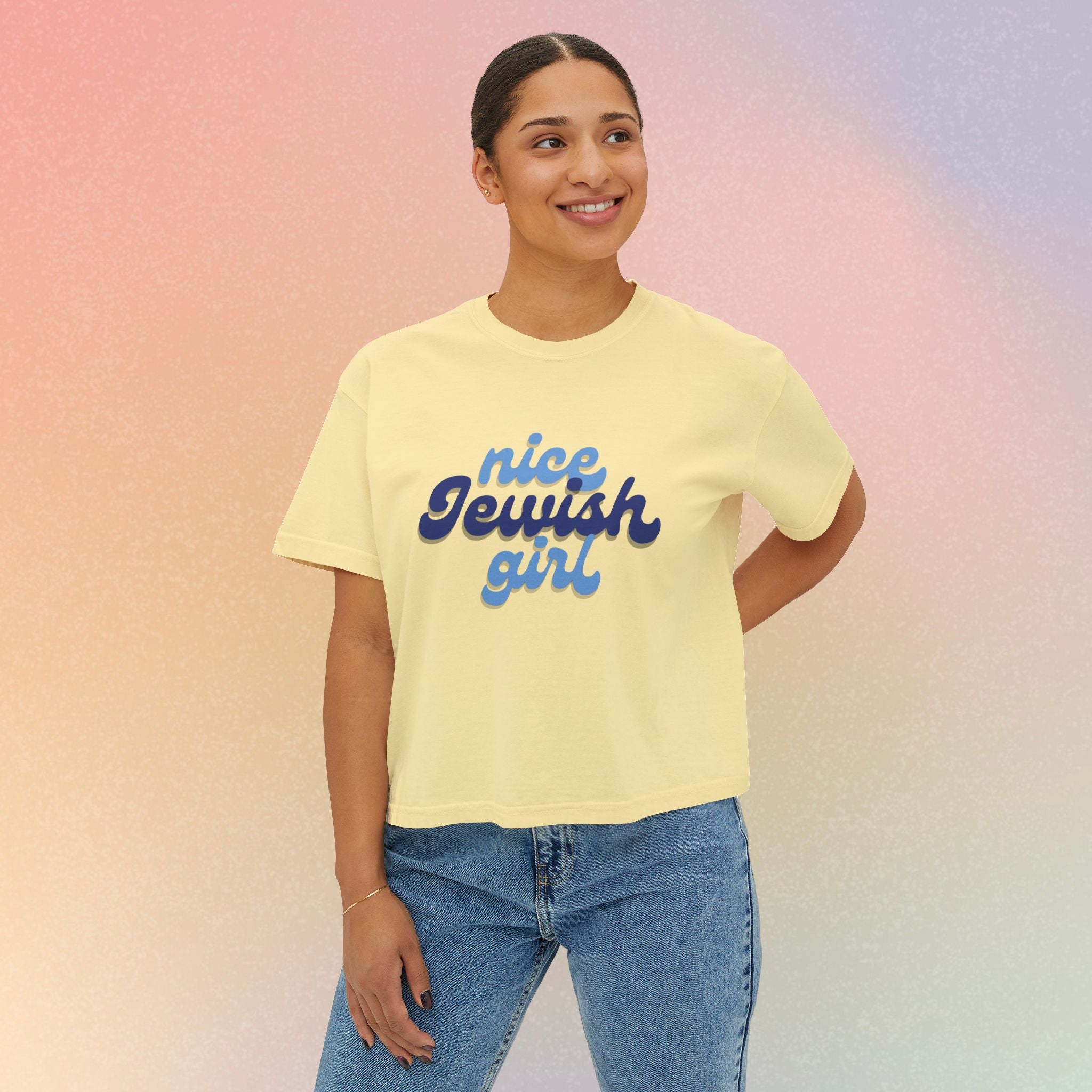 Nice Jewish Girl Tee | White Boxy T-Shirt, Retro Script Design