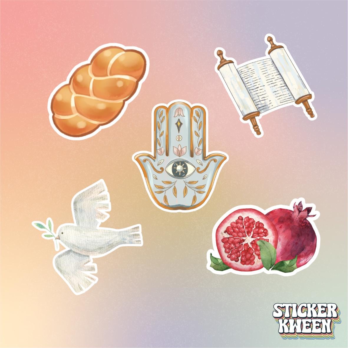 Judea Stickers 5-Pack (Hamsa, Peace Dove, Torah, Challah, Pomegranates)