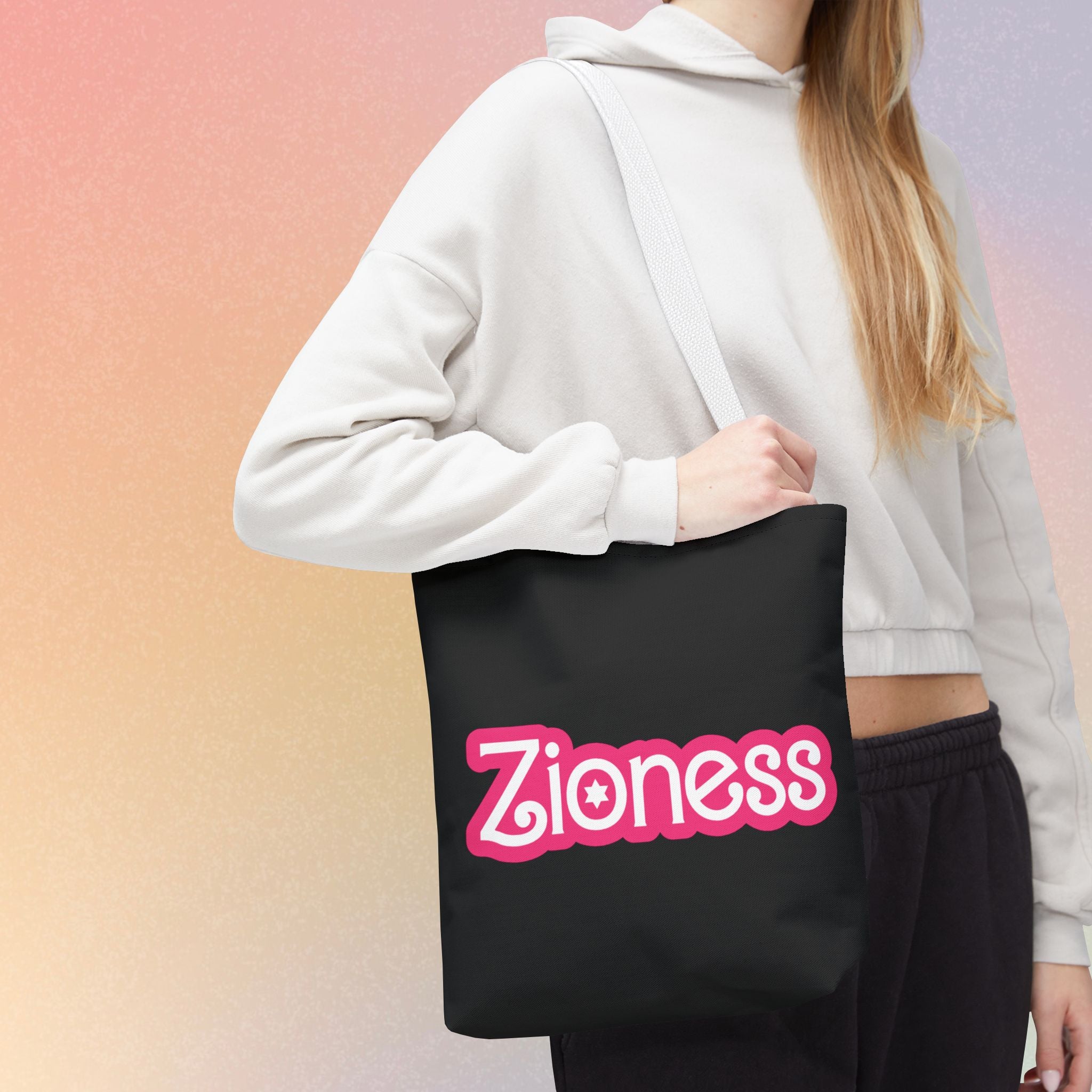 Zioness Jewish Pride Tote Bag | Pink Barbie Font Logo