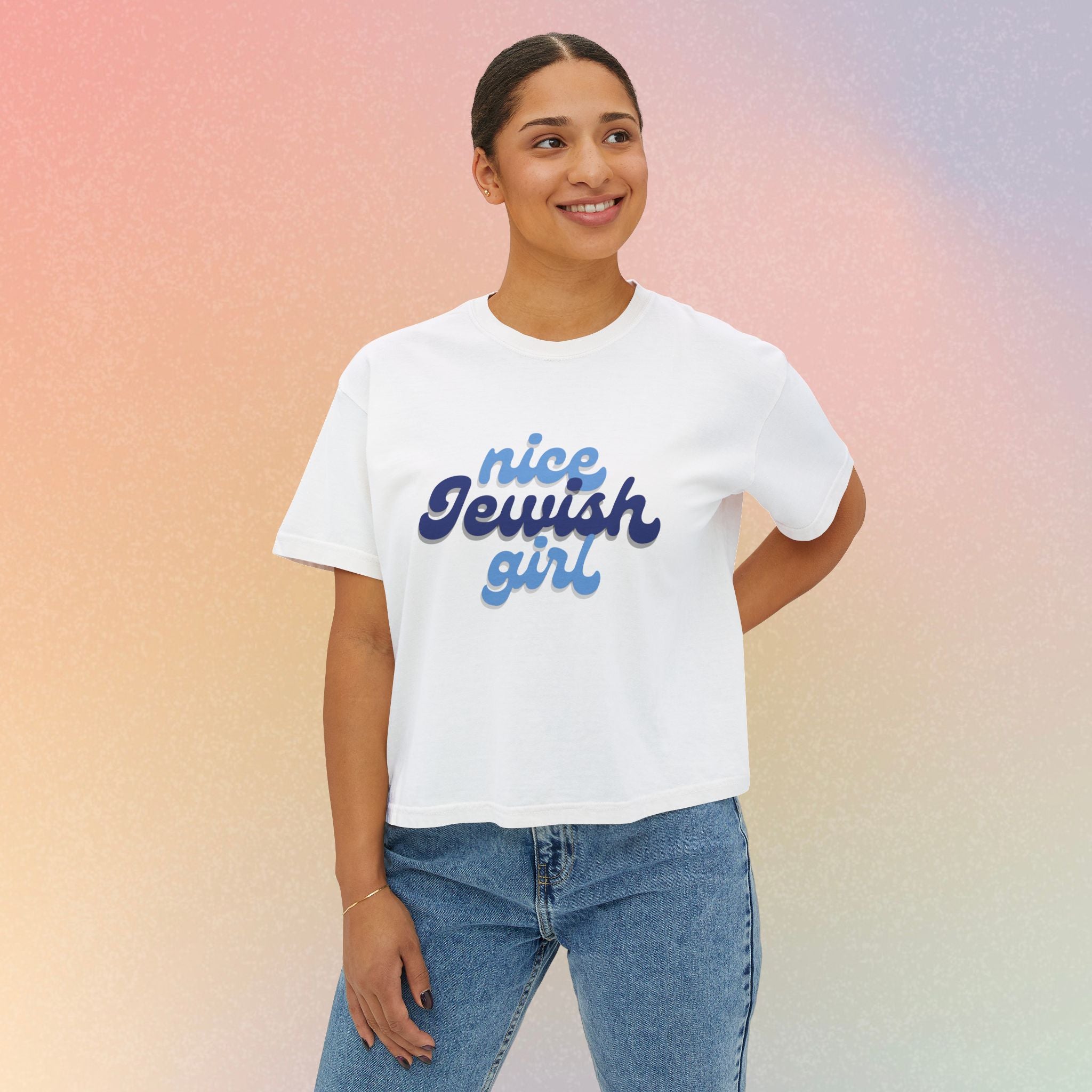 Nice Jewish Girl Tee | White Boxy T-Shirt, Retro Script Design
