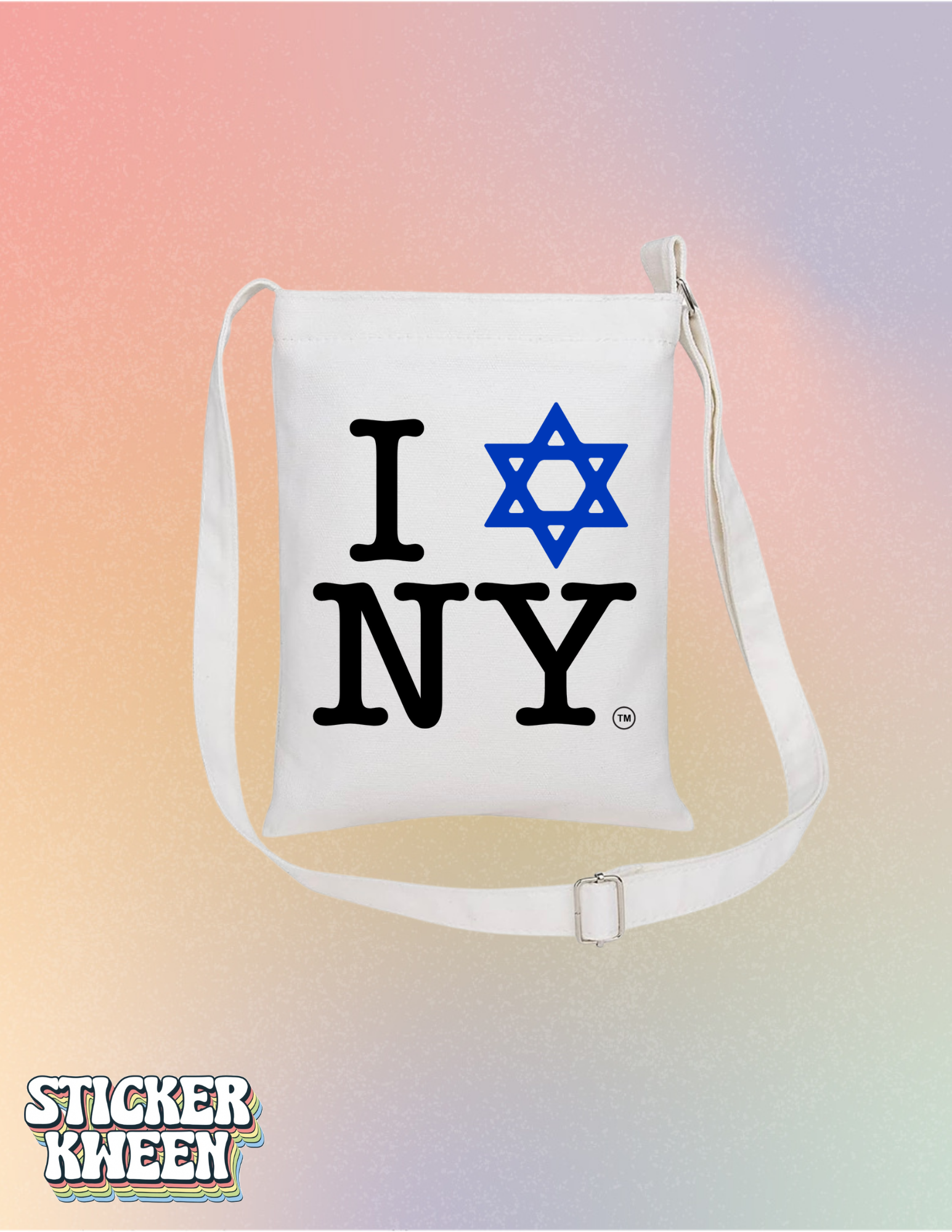 I LOVE NEW YORK Jewish Star White Cotton Canvas Cross Body Bag
