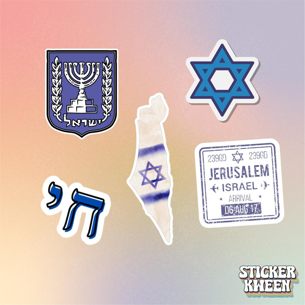 Judea Stickers (5-Pack): Israel Flag, Chai, Jerusalem Stamp, Magen David, Israel Menorah Emblem)